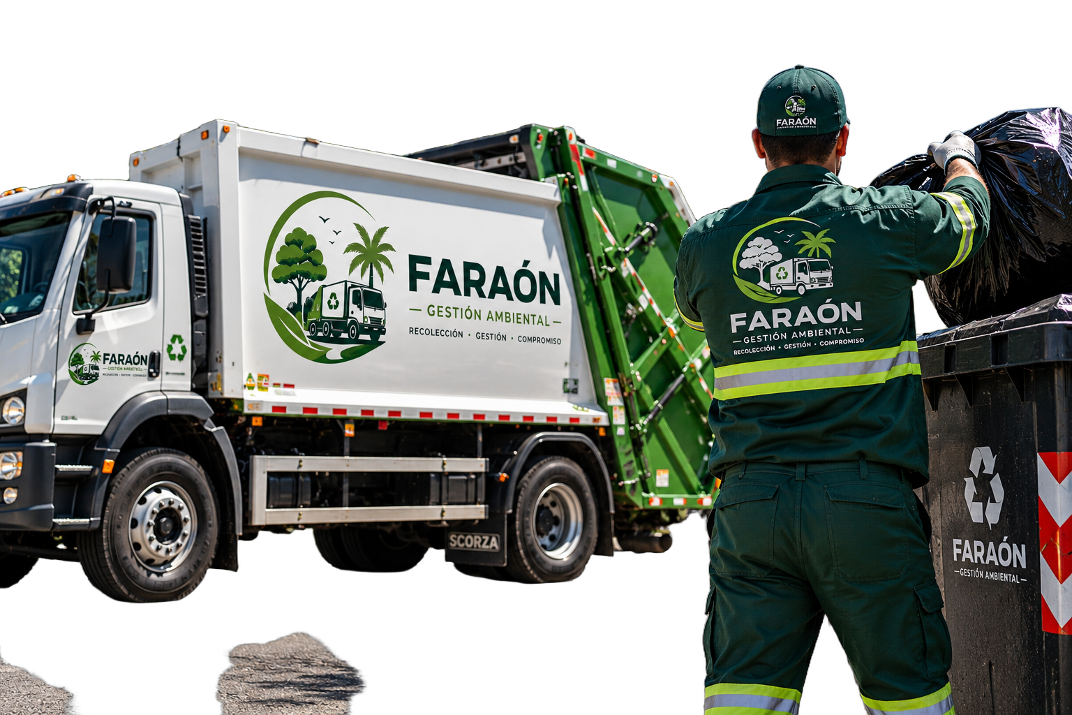 Camión recolector y operario de Faraón Gestión Ambiental trabajando
