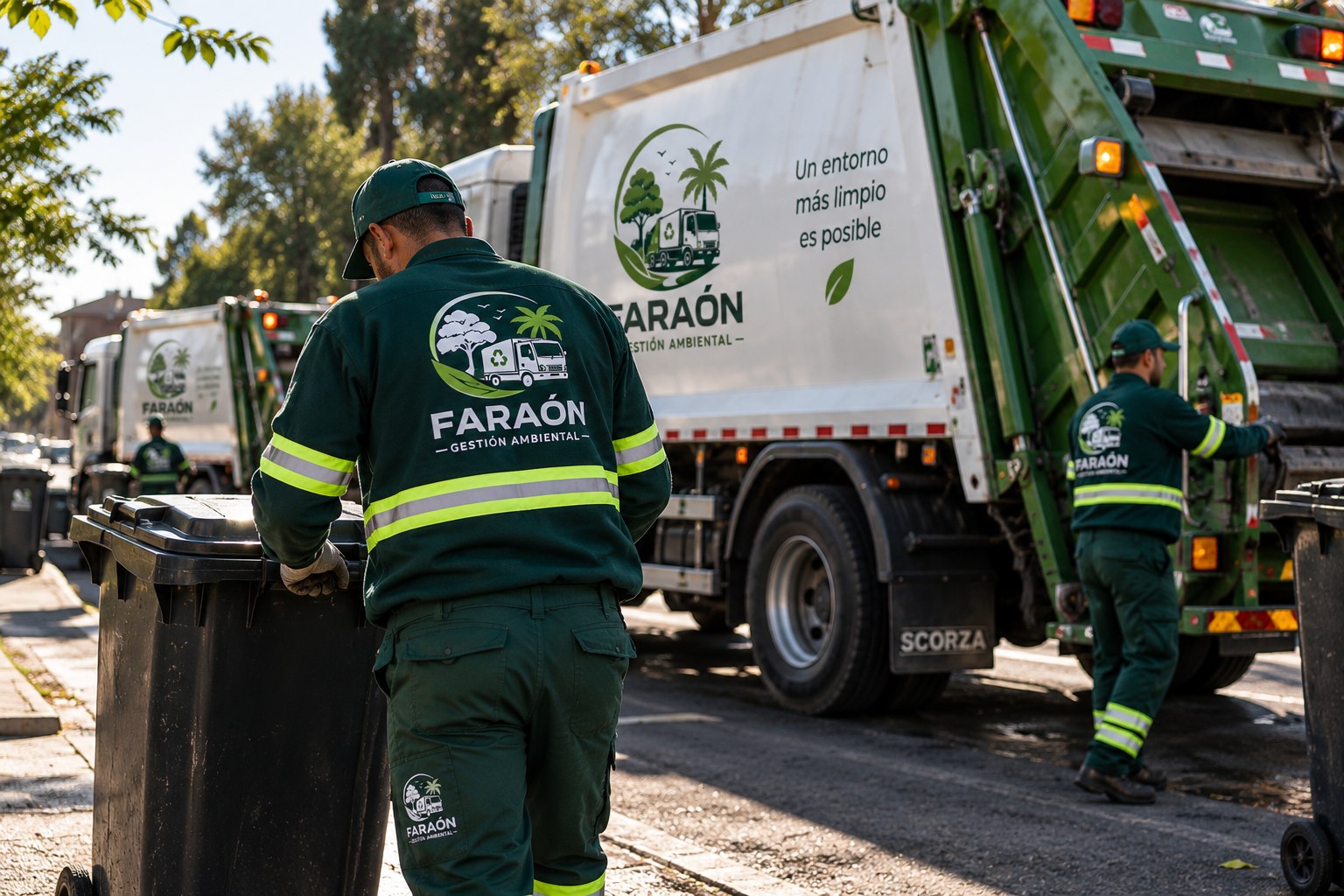 Operarios de Faraón Gestión Ambiental junto a la flota de camiones recolectores