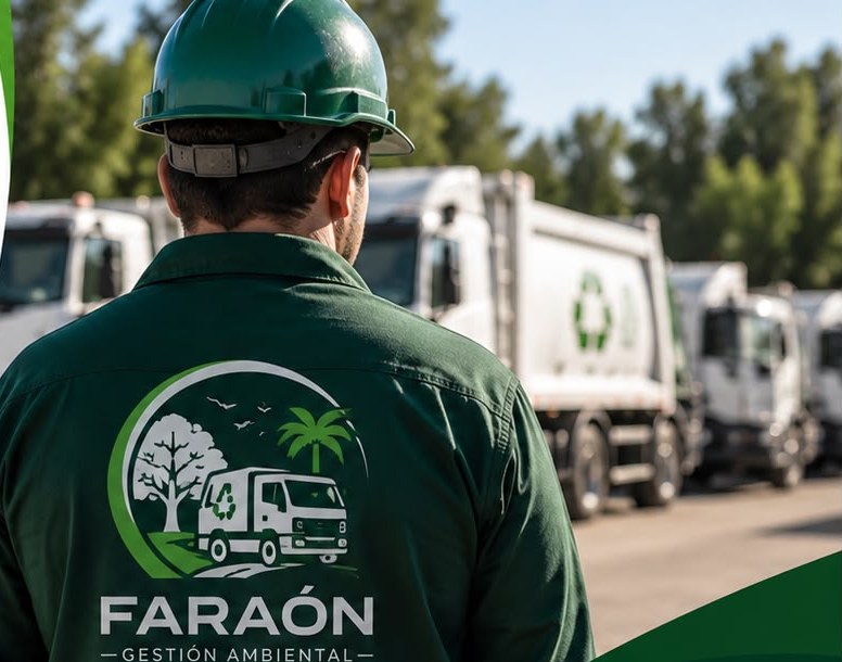 Operario de Faraón Gestión Ambiental frente a la flota de camiones recolectores